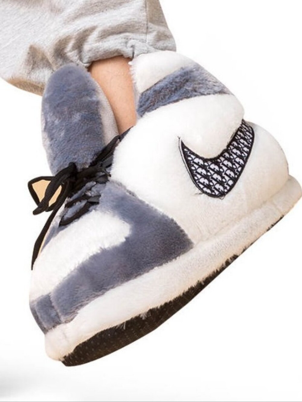 Plush Grey & White Sneaker Slippers with Embroidered Swoosh – One Size